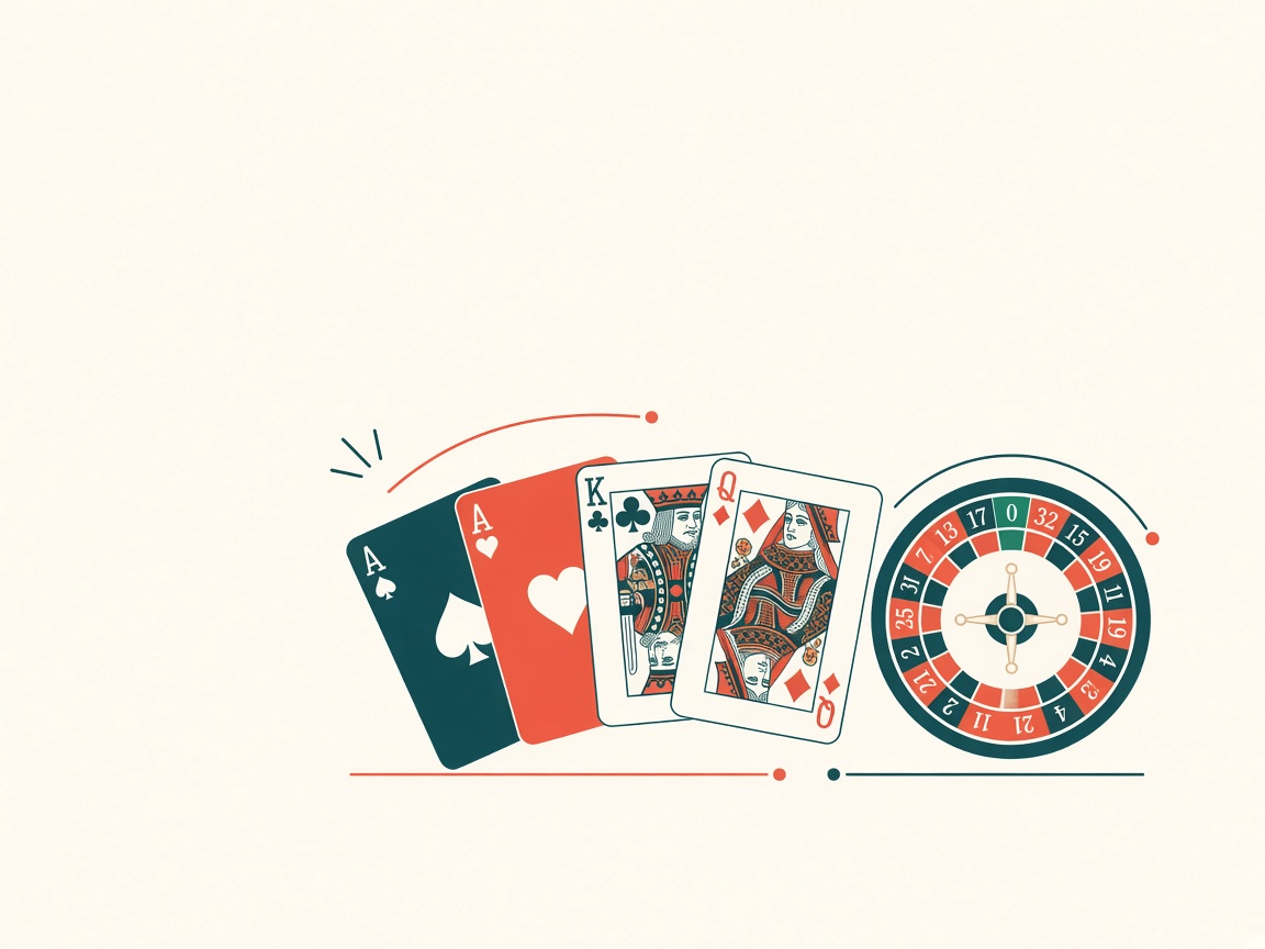 Editorial illustration of cards and a roulette detail in teal and coral